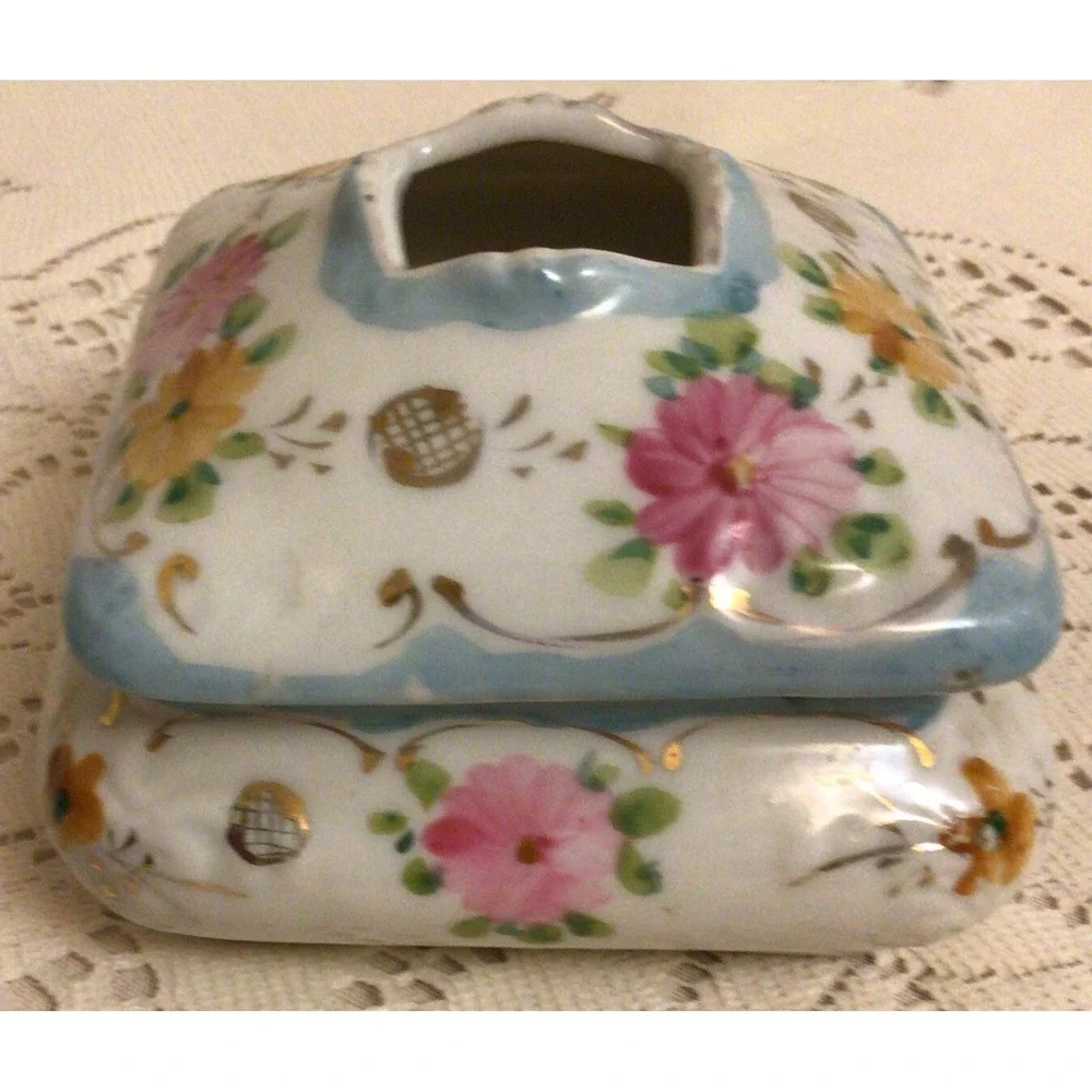 Vintage Hand-Painted Floral Porcelain Hair Receiver or TrinketBox